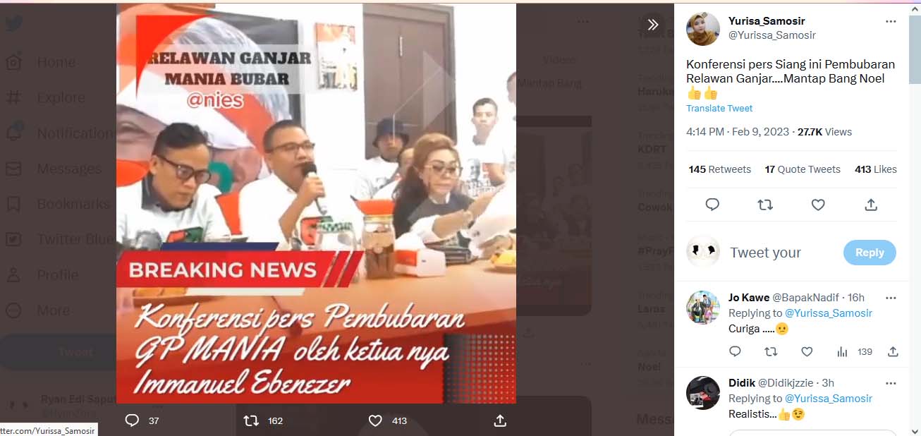 Konferensi Pers pembubaran Relawan Ganjar atau GP Mania pada Kamis 9 Februari 2023